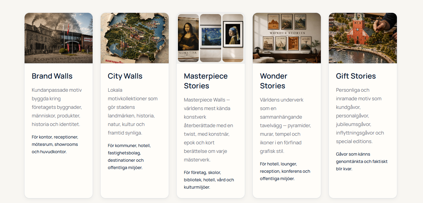Wall Stories kategorier: Brand Walls, City Walls, Masterpiece Stories, Wonder Stories och Gift Stories